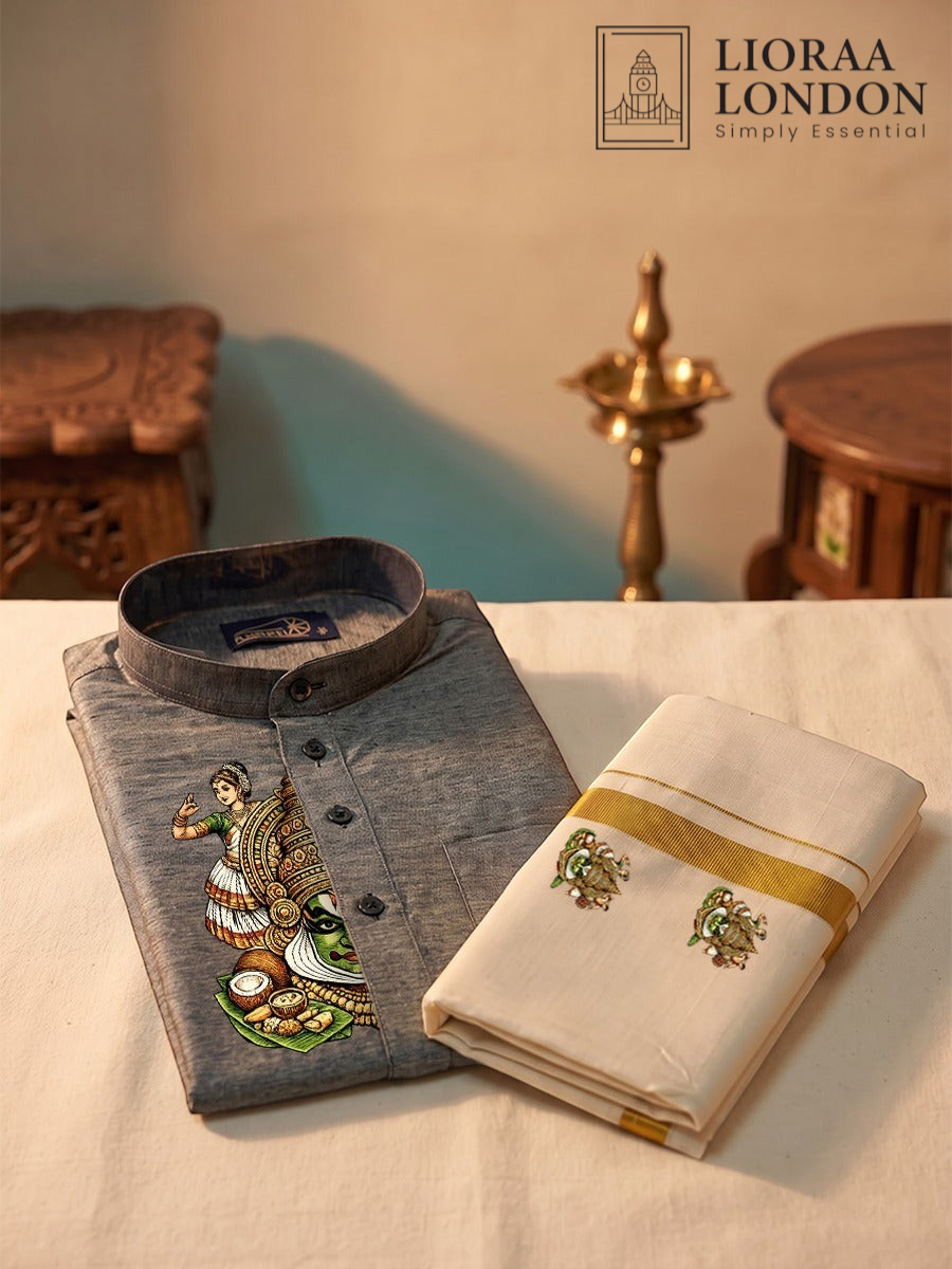 Lioraa London Ltd grey cotton-silk kurta with Kathakali print paired with an off-white Kasavu dhoti for Onam