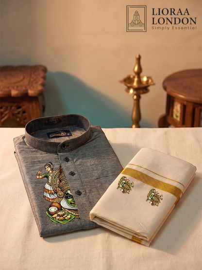 Lioraa London Ltd grey cotton-silk kurta with Kathakali print paired with an off-white Kasavu dhoti for Onam