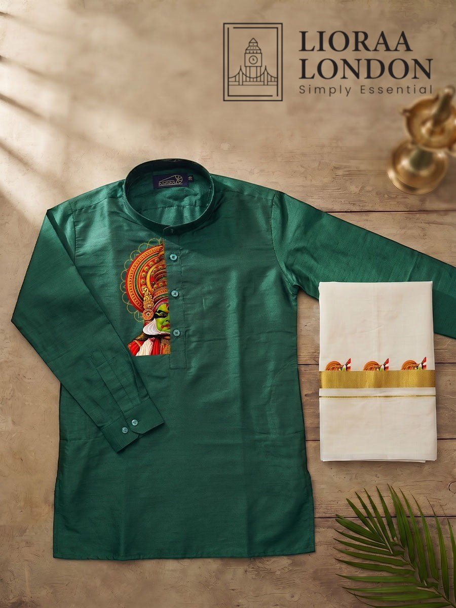 Lioraa London Ltd green cotton-silk kurta with Kathakali print paired with an off-white Kasavu dhoti for Onam.