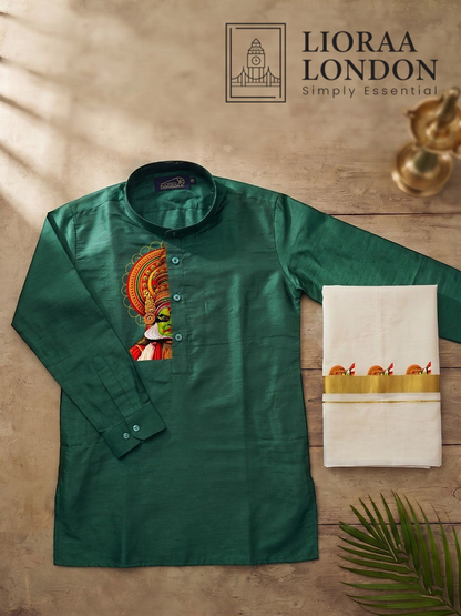 Lioraa London Ltd green cotton-silk kurta with Kathakali print paired with an off-white Kasavu dhoti for Onam.
