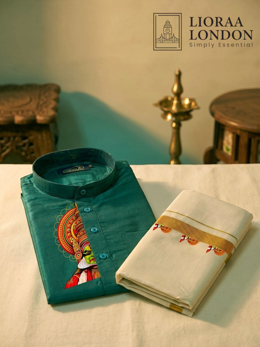 Lioraa London Ltd green cotton-silk kurta with Kathakali print and off-white Kasavu dhoti for festive occasions