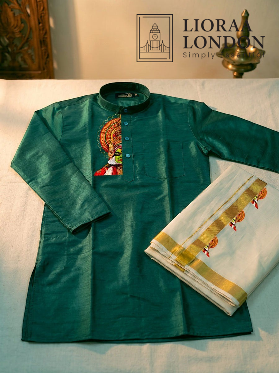 Lioraa London Ltd green cotton-silk kurta with Kathakali print paired with an off-white Kasavu dhoti for Onam.