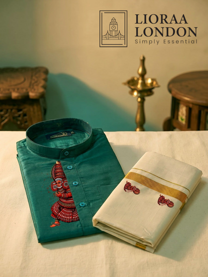 Lioraa London Ltd green cotton-silk kurta with Kathakali print paired with an off-white Kasavu dhoti for Onam.