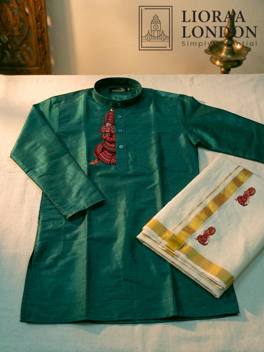 Lioraa London Ltd green cotton-silk kurta with Kathakali print and off-white Kasavu dhoti with gold border