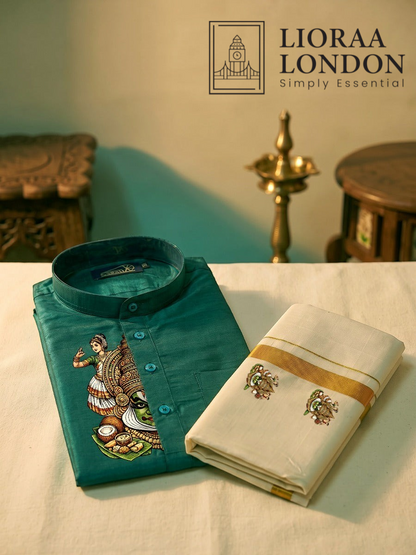 Lioraa London Ltd green cotton-silk kurta with Kathakali print paired with an off-white Kasavu dhoti for Onam.