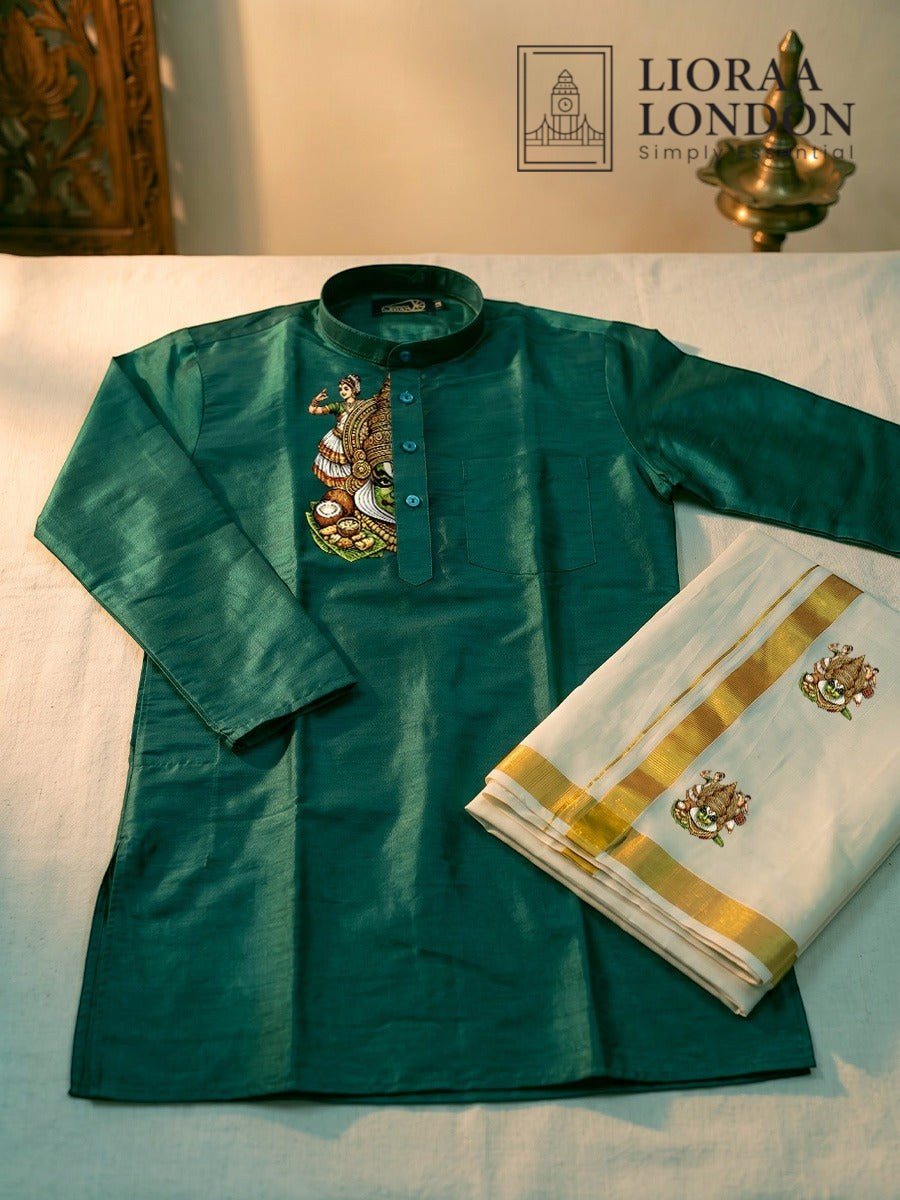 Lioraa London Ltd green cotton-silk kurta with Kathakali print and off-white Kasavu dhoti with gold border
