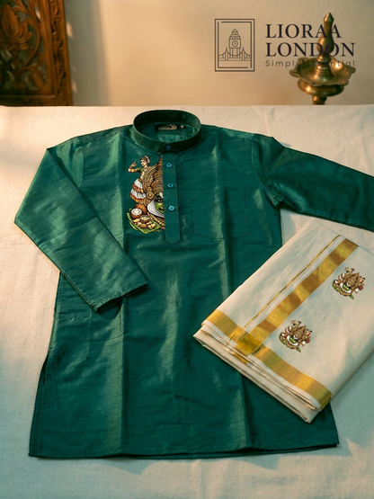 Lioraa London Ltd green cotton-silk kurta with Kathakali print and off-white Kasavu dhoti with gold border