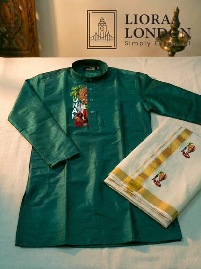 Lioraa London Ltd green cotton-silk kurta with Kathakali print paired with an off-white Kasavu dhoti for Onam.