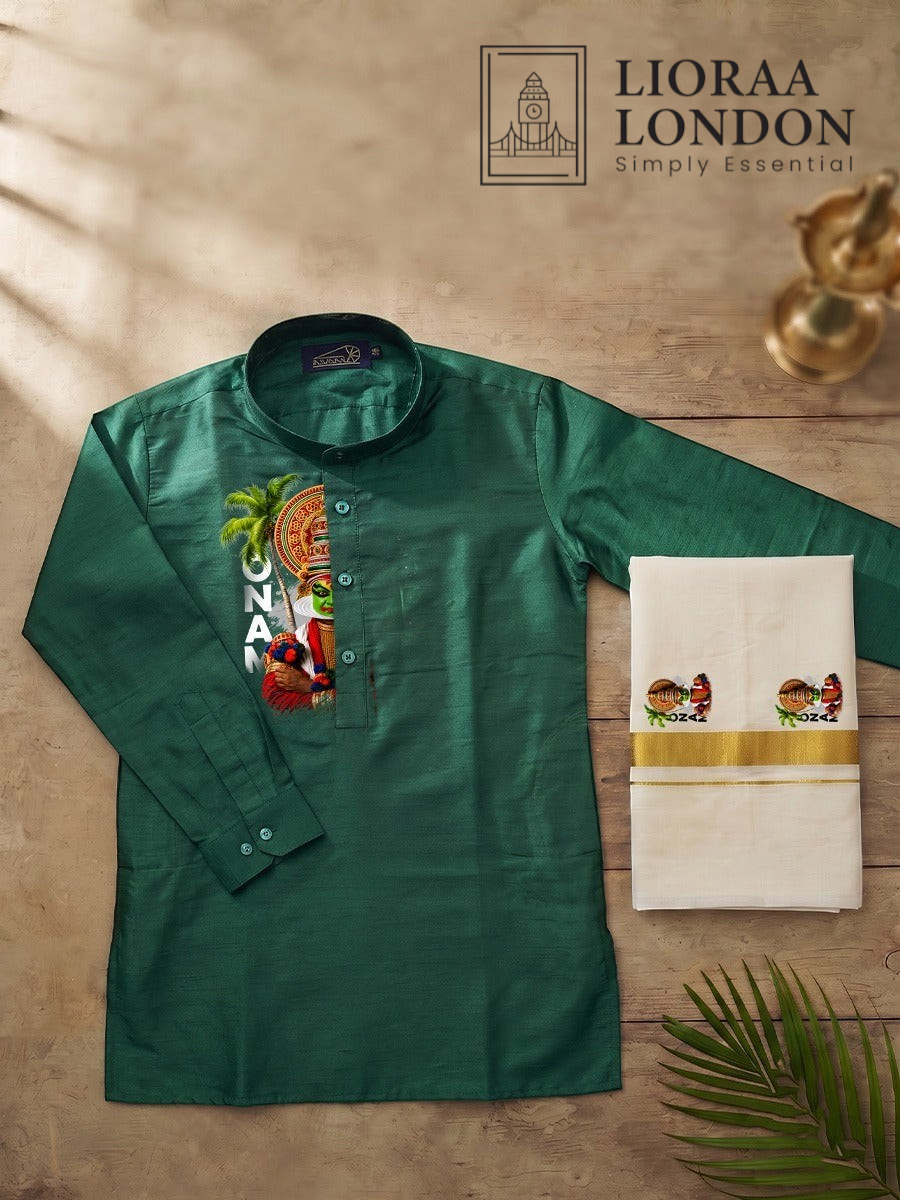 Lioraa London Ltd green cotton-silk kurta with Kathakali print and off-white Kasavu dhoti for Onam celebrations.