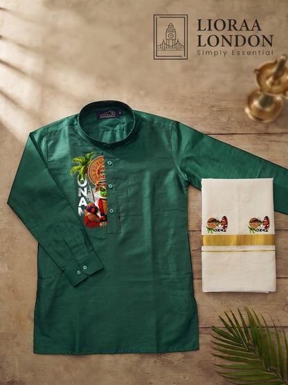 Lioraa London Ltd green cotton-silk kurta with Kathakali print and off-white Kasavu dhoti for Onam celebrations.