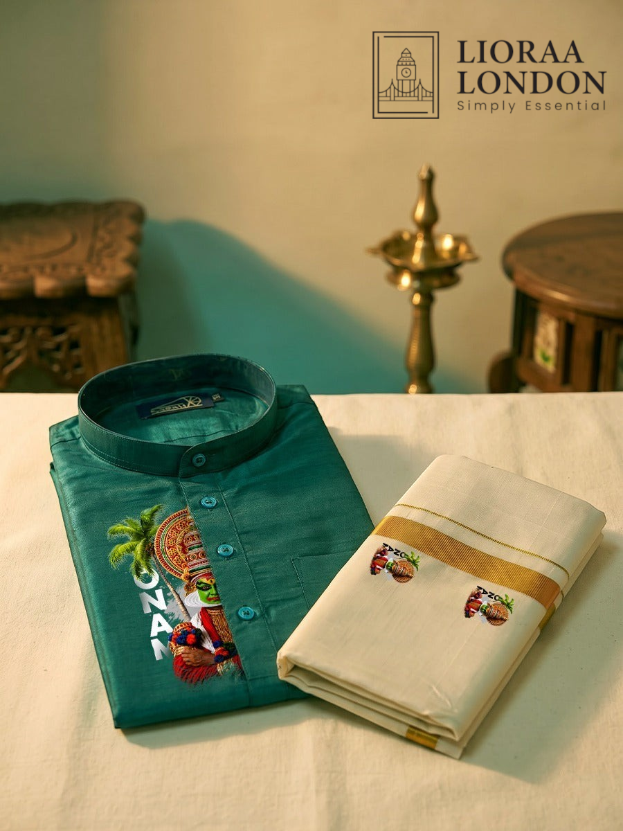Lioraa London Ltd green cotton-silk kurta with Kathakali print paired with an off-white Kasavu dhoti for Onam.