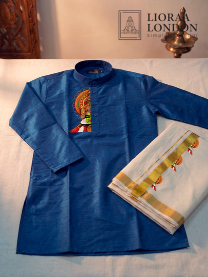 Lioraa London Ltd blue cotton-silk kurta with Kathakali print and off-white Kasavu dhoti with gold border.