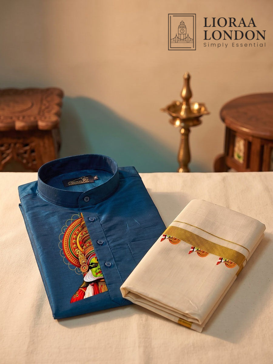 Lioraa London Ltd blue cotton-silk kurta with Kathakali print and off-white Kasavu dhoti for festive occasions