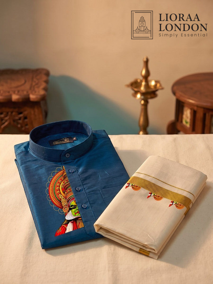 Lioraa London Ltd blue cotton-silk kurta with Kathakali print and off-white Kasavu dhoti for festive occasions