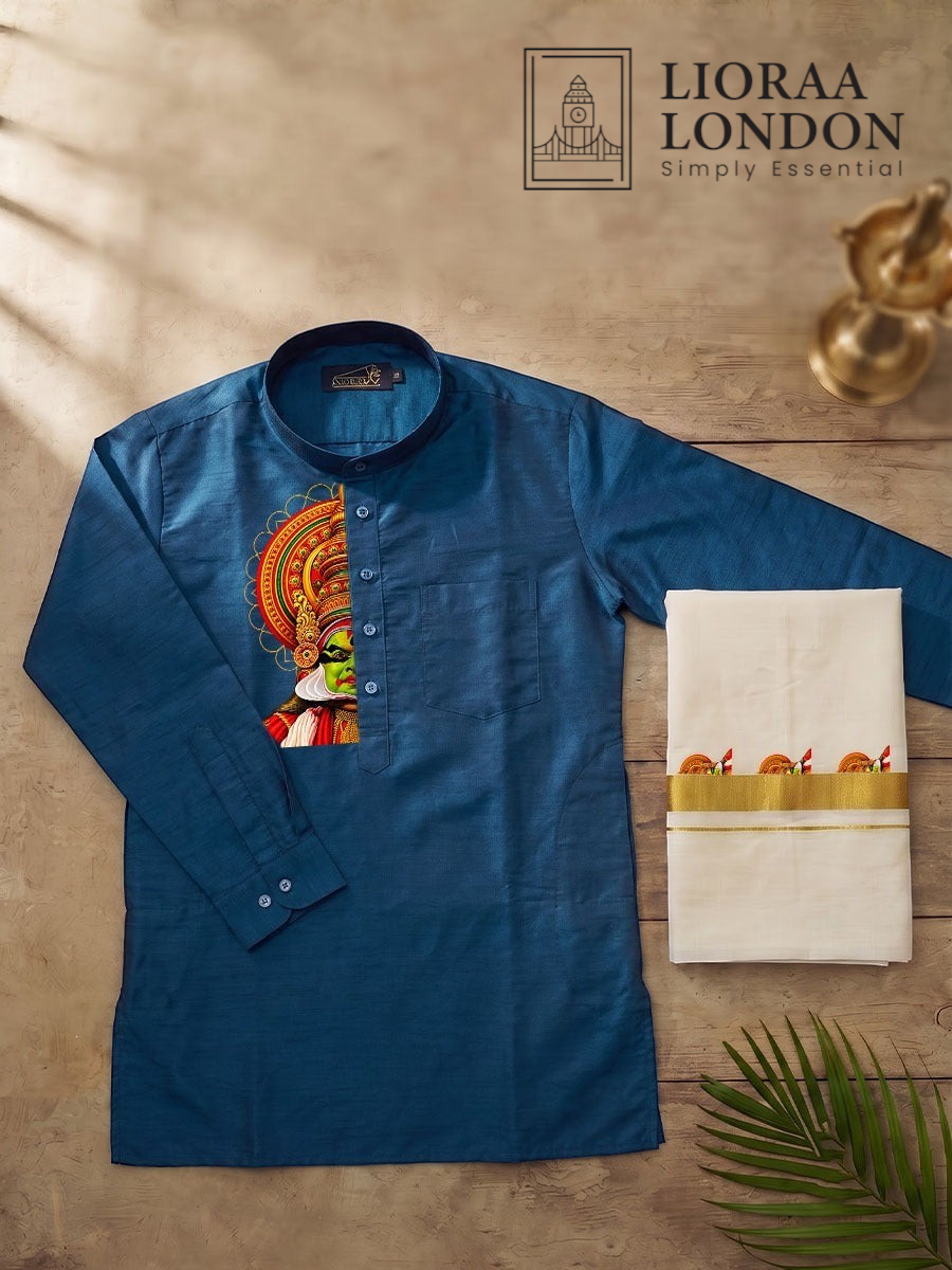 Lioraa London Ltd blue cotton-silk kurta with Kathakali print and off-white Kasavu dhoti with gold border
