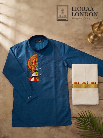 Lioraa London Ltd blue cotton-silk kurta with Kathakali print and off-white Kasavu dhoti with gold border
