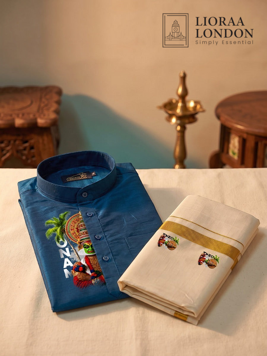 Lioraa London Ltd blue cotton-silk kurta with Kathakali print paired with an off-white Kasavu dhoti for Onam.