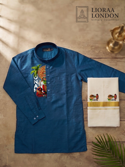 Lioraa London Ltd blue cotton-silk kurta with Kathakali print and off-white Kasavu dhoti with gold border