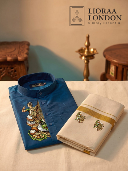 Lioraa London Ltd blue cotton-silk kurta with traditional Kathakali print paired with an off-white Kasavu dhoti.