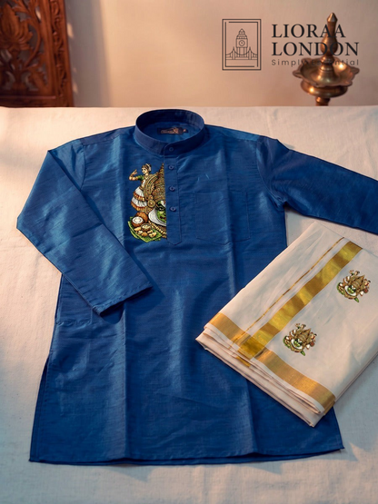 Lioraa London Ltd blue cotton-silk kurta with traditional Kerala art prints paired with a gold-bordered Kasavu dhoti.