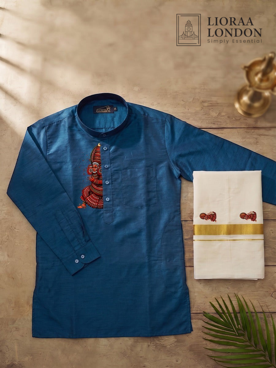 Lioraa London Ltd blue cotton-silk kurta with Kathakali print and off-white Kasavu dhoti with gold border for Onam.