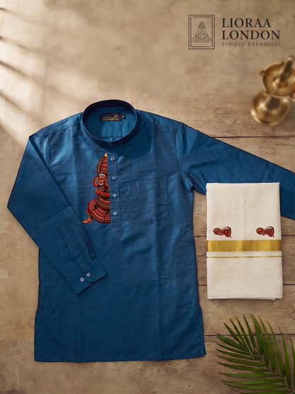 Lioraa London Ltd blue cotton-silk kurta with Kathakali print and off-white Kasavu dhoti with gold border for Onam.