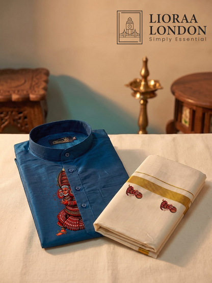 Lioraa London Ltd blue cotton-silk kurta with Kathakali print and off-white Kasavu dhoti with golden border