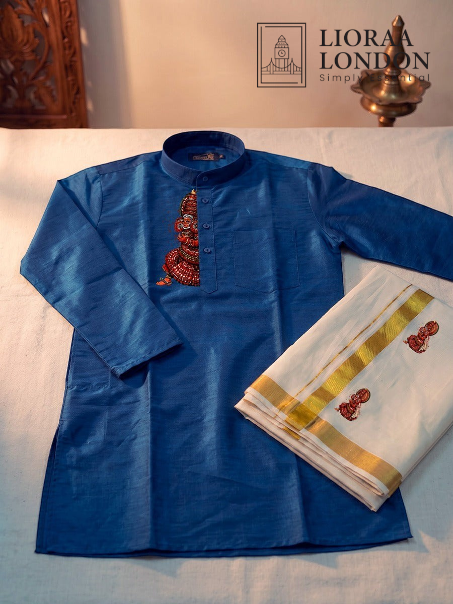Lioraa London Ltd blue cotton-silk kurta with Kathakali print and off-white Kasavu dhoti with gold border for Onam