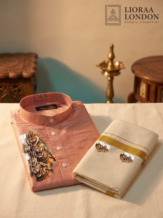 Printed Rose Beige Kurta + Kasavu Dhoti Combo for Men - Kathakali / Theyyam / Pulikali | Onam Collection | Lioraa London