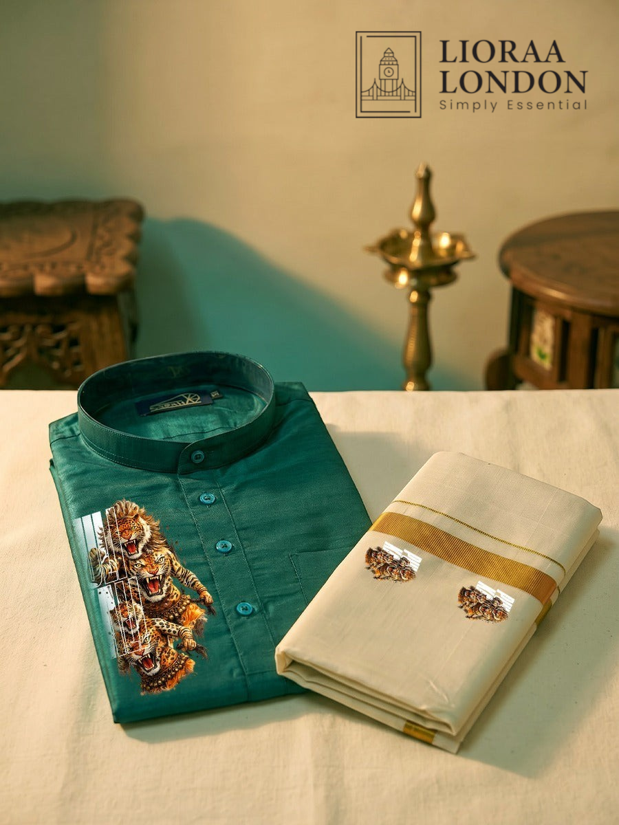 Lioraa London Ltd green cotton-silk kurta with Pulikali print paired with an off-white Kasavu dhoti for Onam.