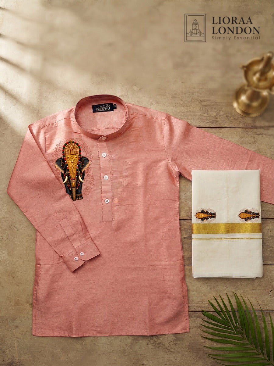 Printed Rose Beige Kurta + Kasavu Dhoti Combo for Men - Kathakali / Theyyam / Pulikali | Onam Collection | Lioraa London