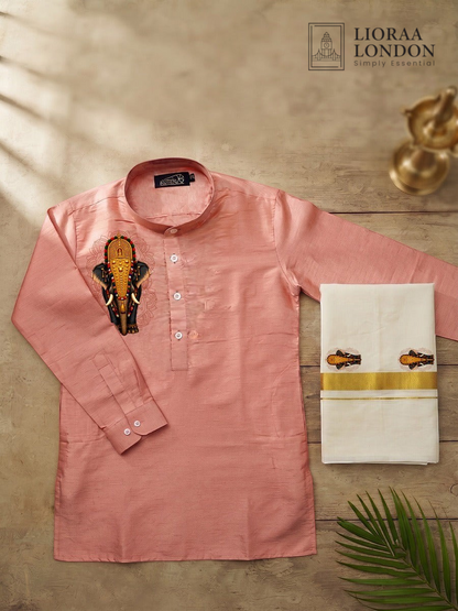 Printed Rose Beige Kurta + Kasavu Dhoti Combo for Men - Kathakali / Theyyam / Pulikali | Onam Collection | Lioraa London