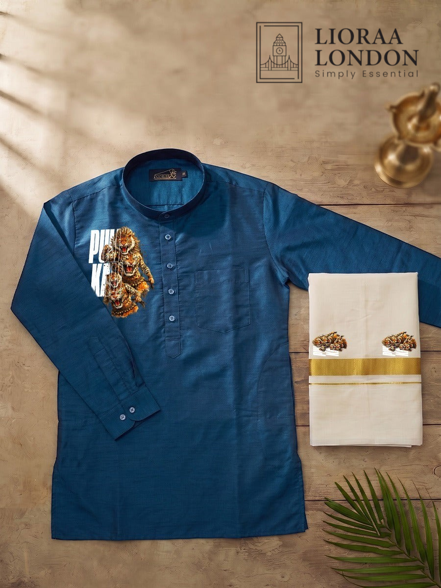 Lioraa London Ltd blue cotton-silk kurta with traditional art print paired with an off-white Kasavu dhoti for Onam.