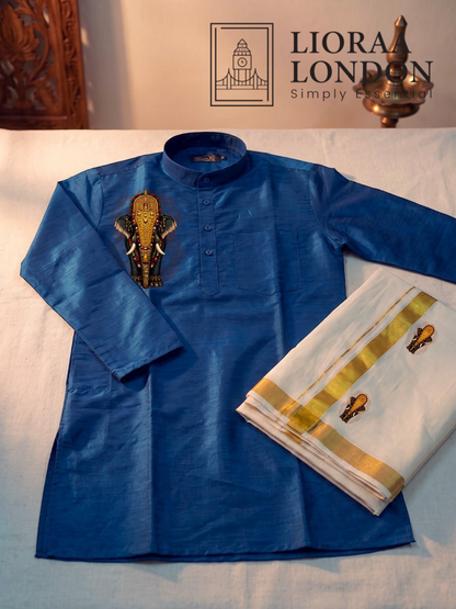 Lioraa London Ltd blue cotton-silk kurta with elephant print paired with an off-white Kasavu dhoti for Onam.