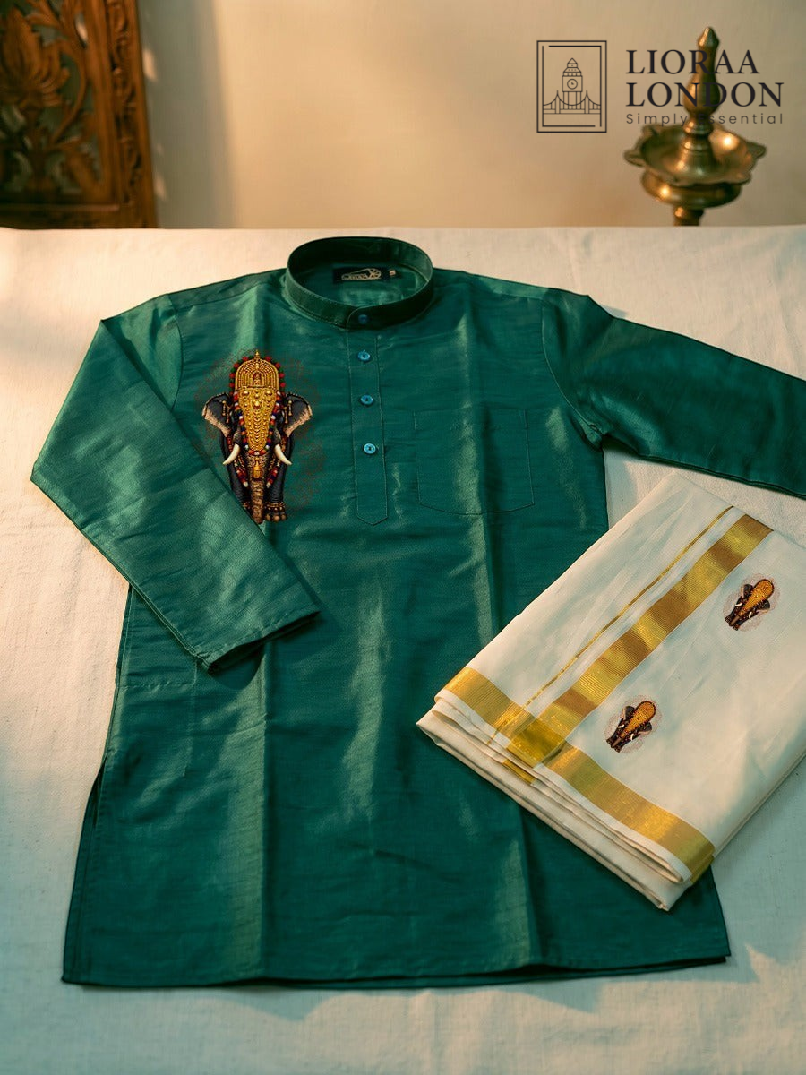 Lioraa London Ltd green cotton-silk kurta with elephant print paired with an off-white Kasavu dhoti for Onam.