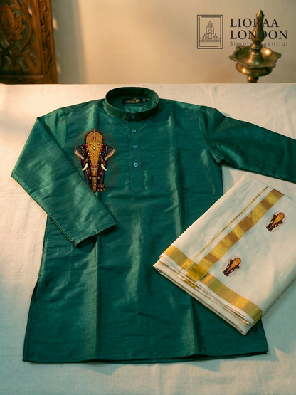 Lioraa London Ltd green cotton-silk kurta with elephant print paired with an off-white Kasavu dhoti for Onam.