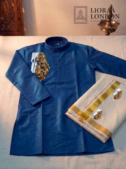Lioraa London Ltd blue cotton-silk kurta with Pulikali print paired with an off-white Kasavu dhoti for Onam.