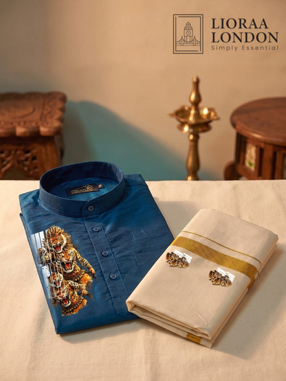 Lioraa London Ltd blue cotton-silk kurta with Pulikali print and off-white Kasavu dhoti with golden border