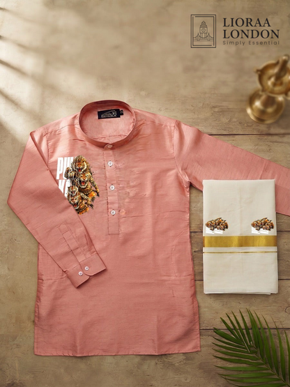 Printed Rose Beige Kurta + Kasavu Dhoti Combo for Men - Kathakali / Theyyam / Pulikali | Onam Collection | Lioraa London