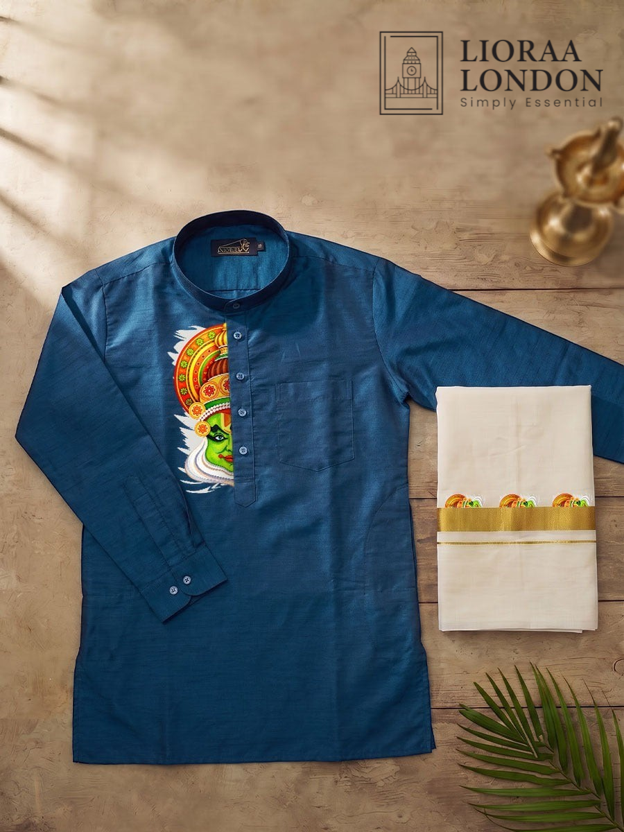 Lioraa London Ltd blue cotton-silk kurta with Kathakali print paired with an off-white Kasavu dhoti for Onam.
