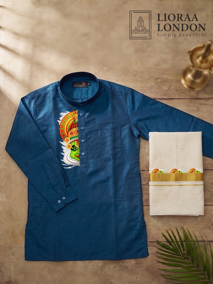 Lioraa London Ltd blue cotton-silk kurta with Kathakali print paired with an off-white Kasavu dhoti for Onam.