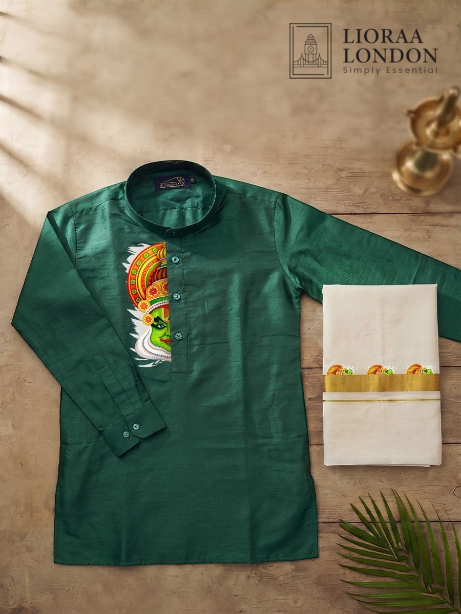 Lioraa London Ltd green cotton-silk kurta with Kathakali print paired with an off-white Kasavu dhoti on wooden floor.