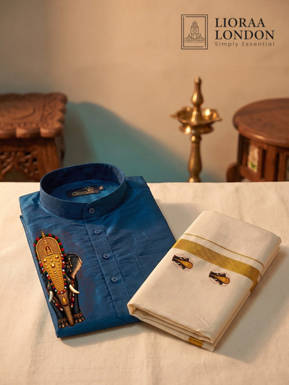 Lioraa London Ltd blue cotton-silk kurta with elephant print paired with an off-white Kasavu dhoti for Onam.