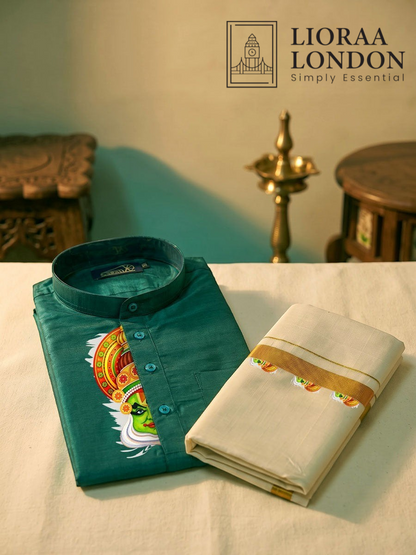 Lioraa London Ltd green cotton-silk kurta with Kathakali print and off-white Kasavu dhoti with golden border