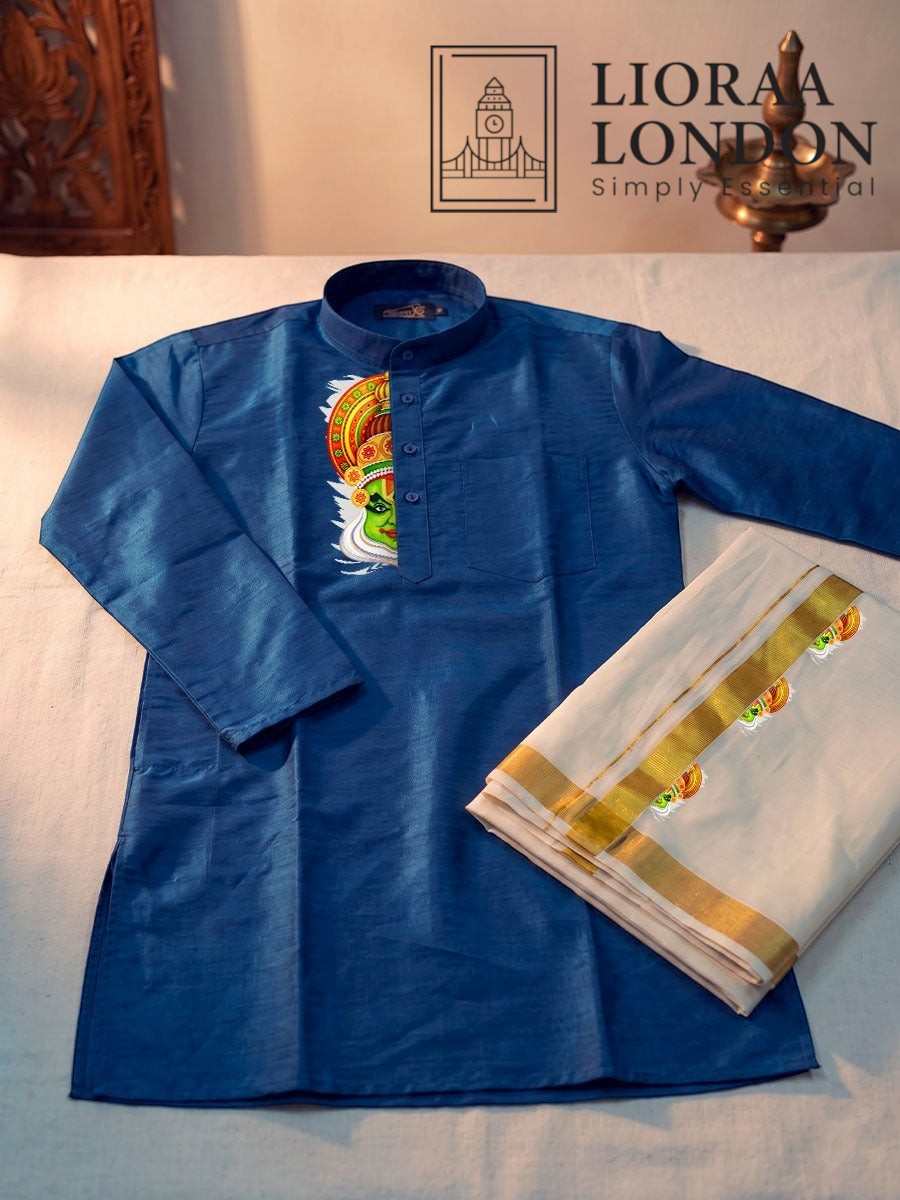 Lioraa London Ltd blue cotton-silk kurta with Kathakali print paired with an off-white Kasavu dhoti for Onam.