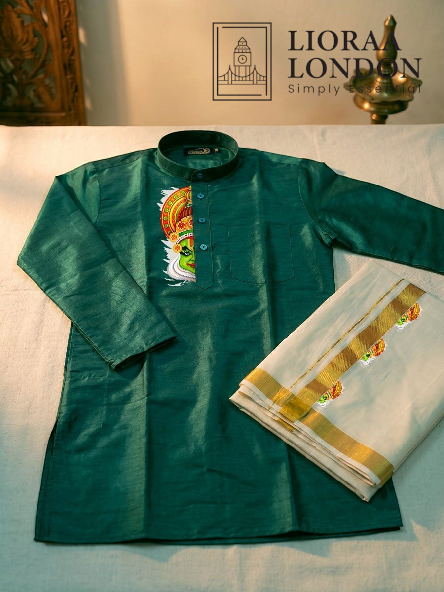 Lioraa London Ltd green cotton-silk kurta with Kathakali print paired with an off-white Kasavu dhoti for Onam.