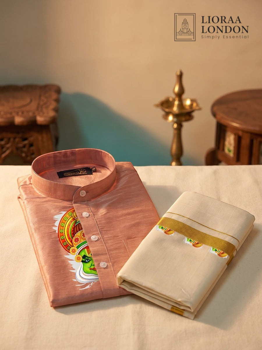 Printed Rose Beige Kurta + Kasavu Dhoti Combo for Men - Kathakali / Theyyam / Pulikali | Onam Collection | Lioraa London
