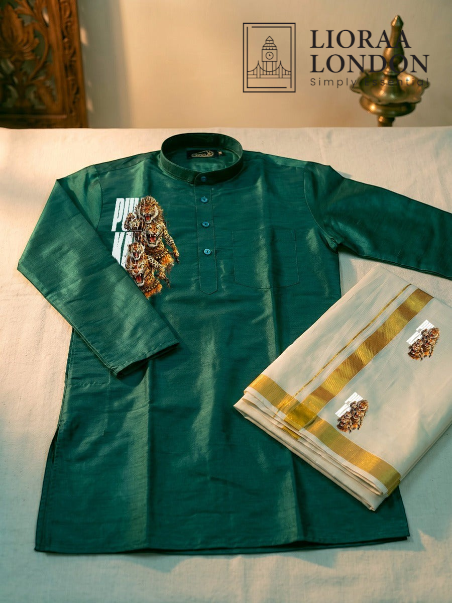 Lioraa London Ltd green cotton-silk kurta with traditional Kerala art prints paired with a gold-bordered Kasavu dhoti