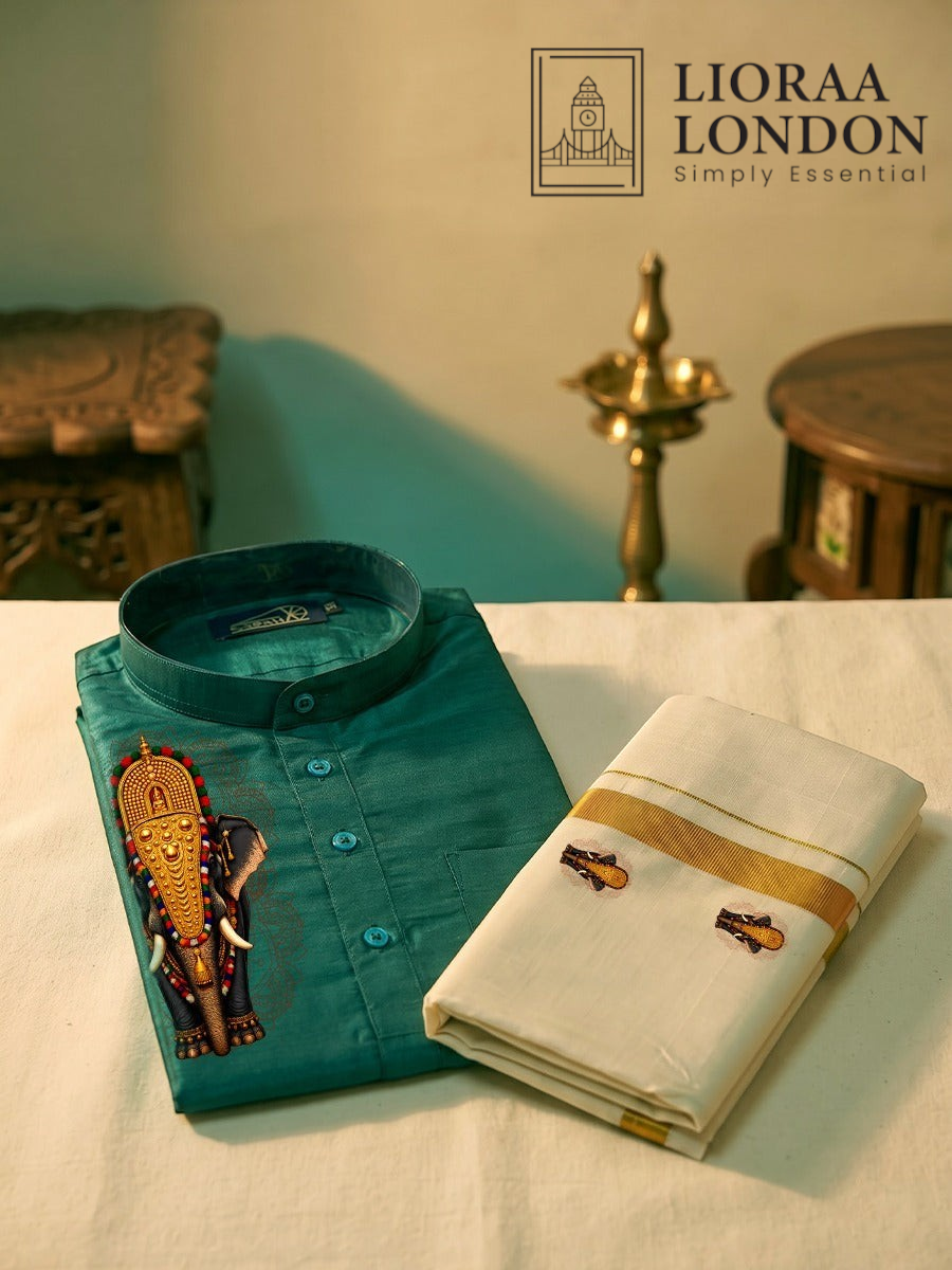 Lioraa London Ltd green cotton-silk kurta with elephant print paired with an off-white Kasavu dhoti for Onam.