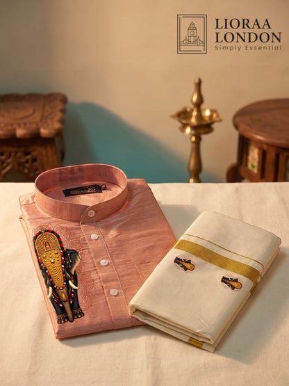 Printed Rose Beige Kurta + Kasavu Dhoti Combo for Men - Kathakali / Theyyam / Pulikali | Onam Collection | Lioraa London